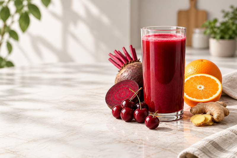 Deep ruby beet and tart cherry juice beside beetroot, cherries, orange and fresh ginger