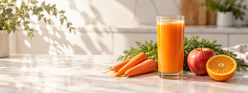 Fresh orange carrot apple orange juice with whole carrots, a sweet apple and orange