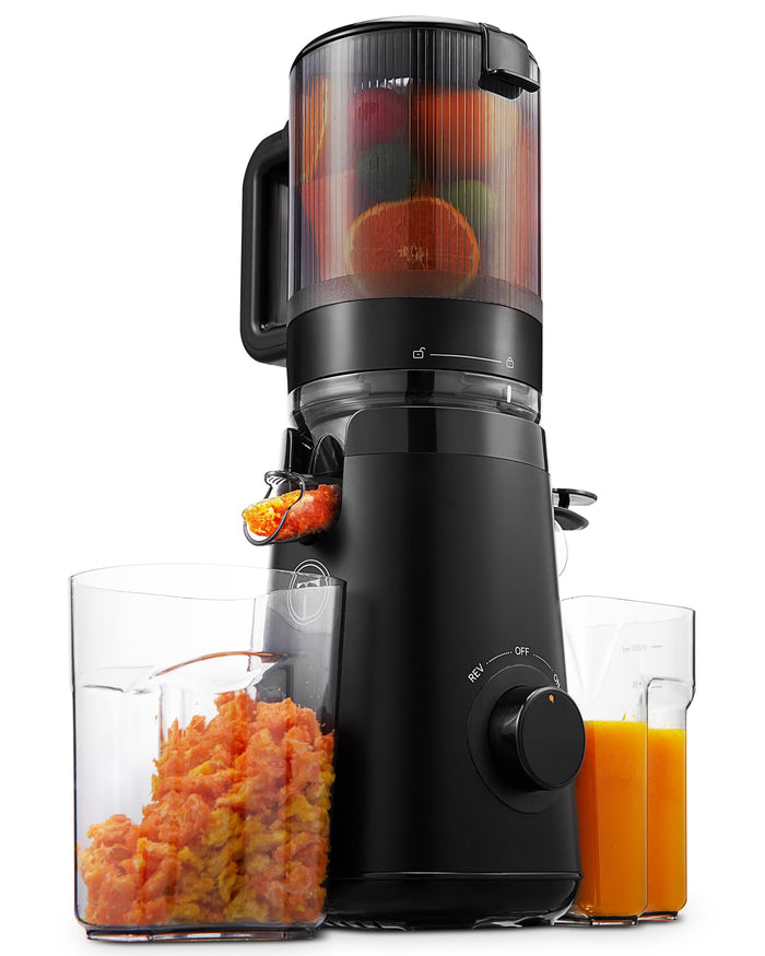 Juicer Machine, Cold Press Juicer with 5.8-inch Large Feed Chute, 300W Masticating Slow Juicer with High Juice Yield, Juice Maker for Fruits and Veggies, Easy to Clean, BPA-Free, Black