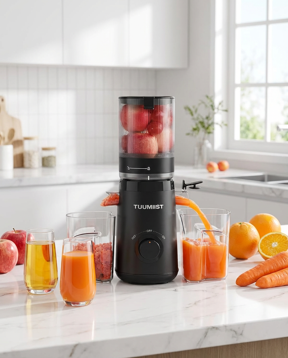 Whole-Fruit Cold Press Juicer in a bright kitchen