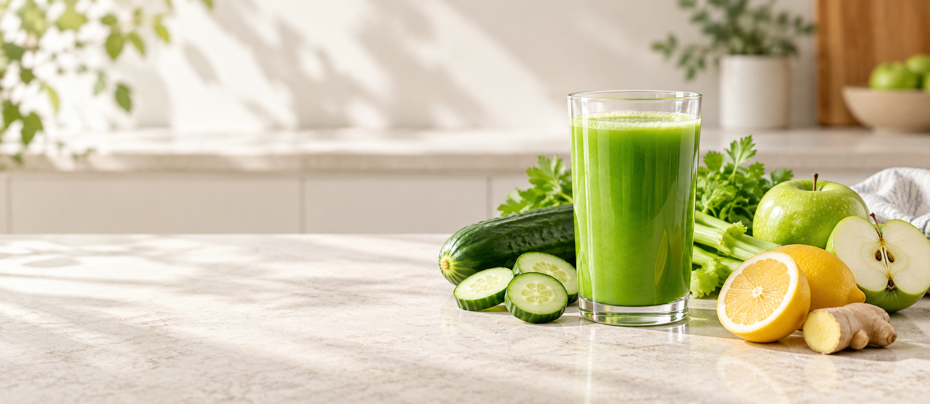 Cucumber lemon green juice with cucumber, celery, green apple, lemon and ginger